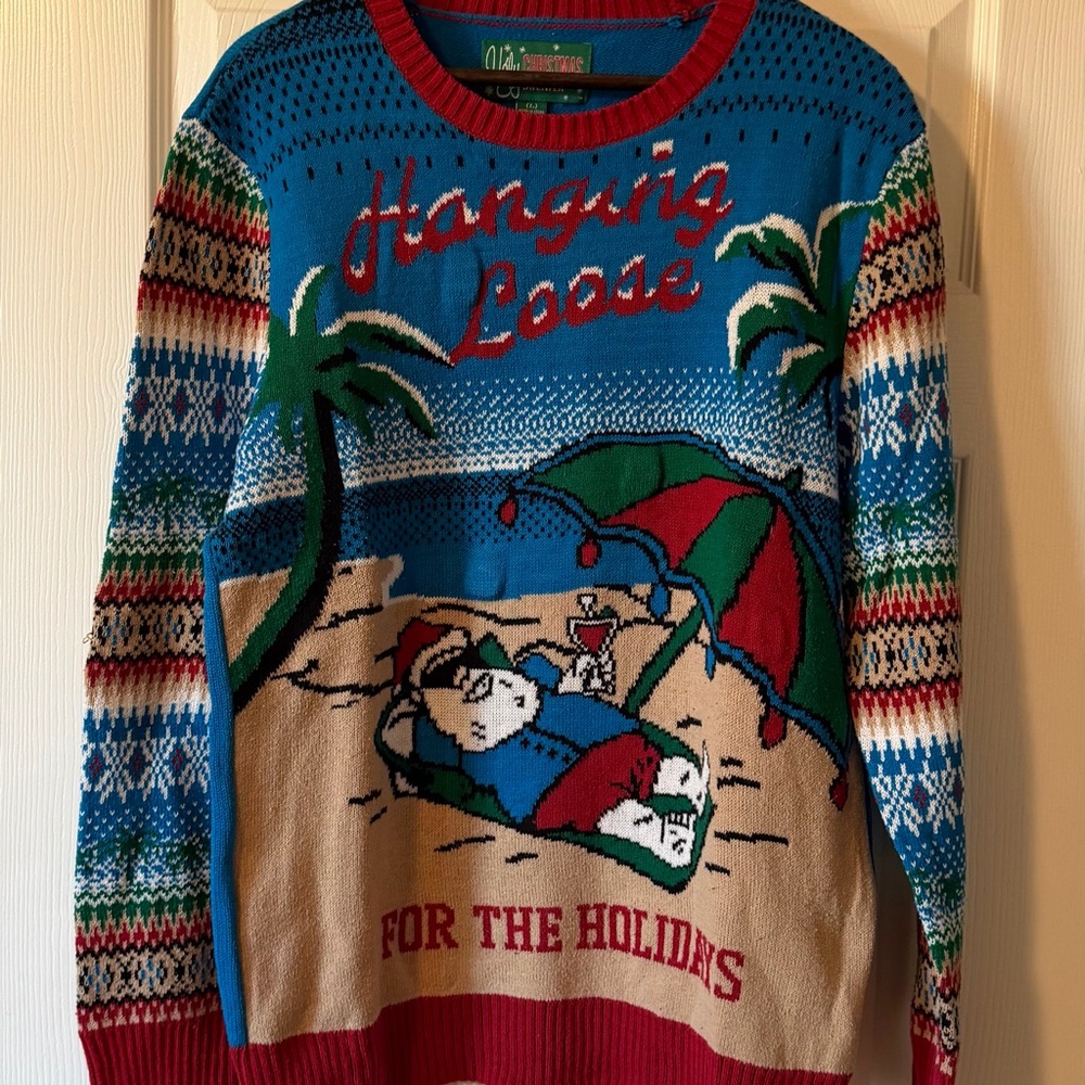 Ugly Christmas Sweater Blue and Red Beach Theme Crewneck